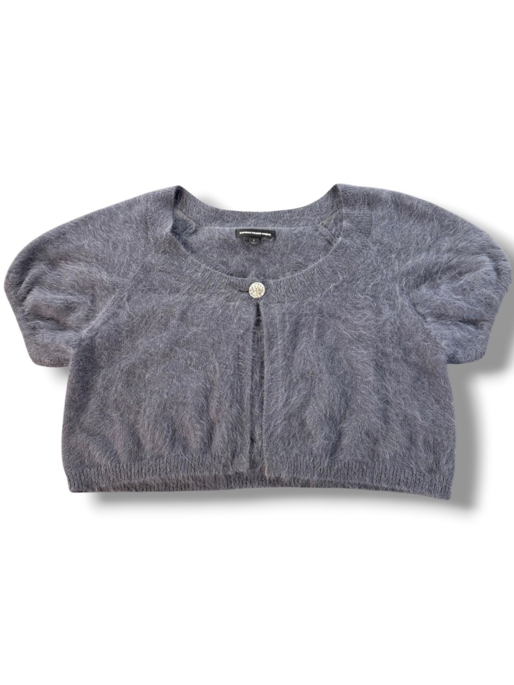 Express Design Studio Angora Indigo Dusty Purple Fuzzy Shrug Crop Puff Sz S EUC